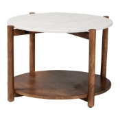 Baxton Studio Quindalyn Round Marble Coffee Table - Modern Accent Table with Mango Wood Frame and Open Shelf Storage for Living Room or Seating Areas